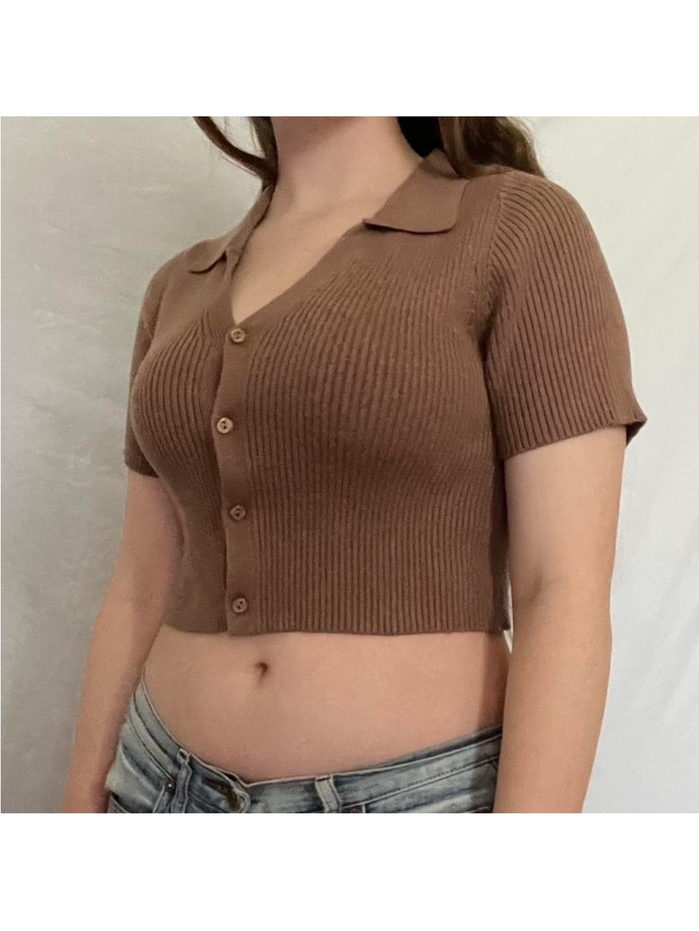 Hazel Moon Knit Button Crop Top in Brown Size XS